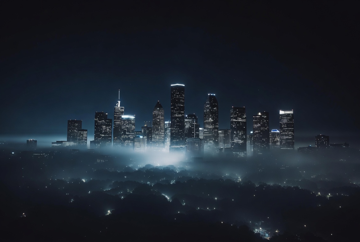 City Scape with blue tinge and clouds with lights in them form the buildings surrounding the sky scrapers.