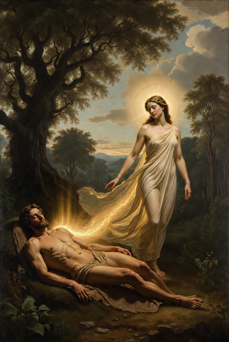 Symbolic biblical illustration of Adam sleeping peacefully in the Garden of Eden as Eve emerges from his side in radiant golden light, both modestly clothed, representing unity and partnership. Symbolic biblical illustration of Adam sleeping peacefully in the Garden of Eden as Eve emerges from his side in radiant golden light, both modestly clothed, representing unity and partnership.