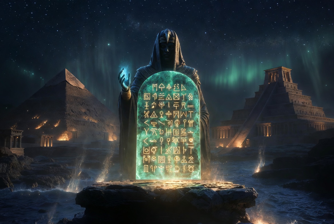 Mystical emerald tablet with ancient symbols, Thoth-like figure, pyramid and ziggurat under starry divine light.