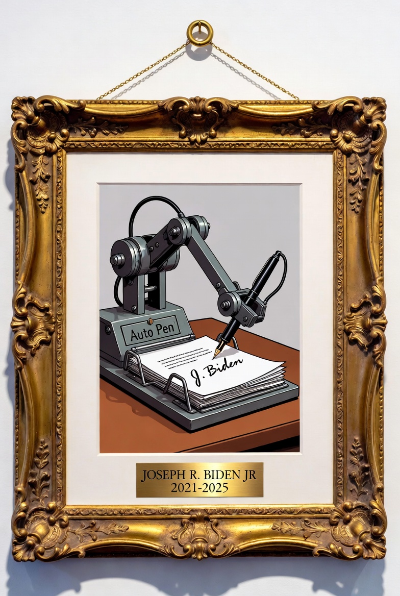 Cartoon presidential portrait frame featuring a mechanical Auto Pen signing a document, with Biden nameplate below. Cartoon presidential portrait frame featuring a mechanical Auto Pen signing a document, with Biden nameplate below.