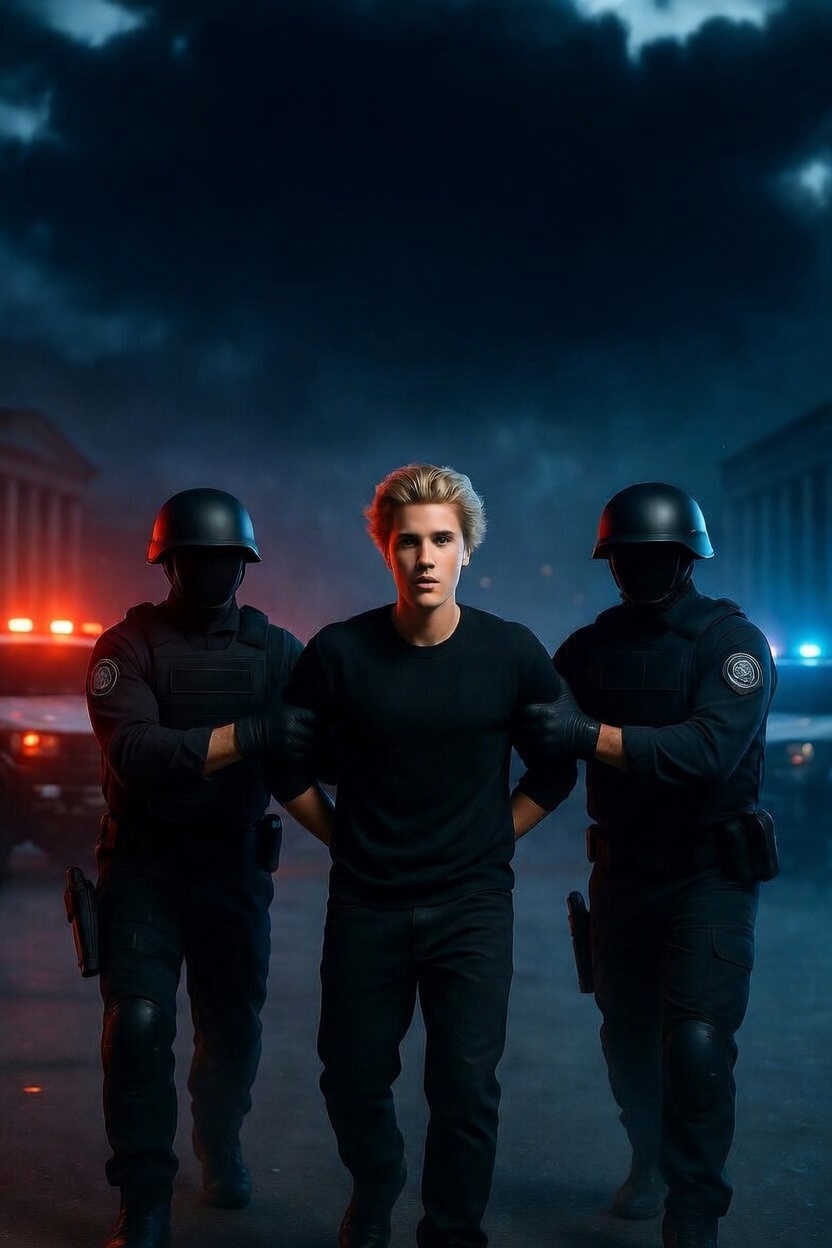 Mock photo of Justin Bieber with hands cuffed behind his back, arrested by two tactical officers at night with flashing lights and government buildings in the background. Mock photo of Justin Bieber with hands cuffed behind his back, arrested by two tactical officers at night with flashing lights and government buildings in the background