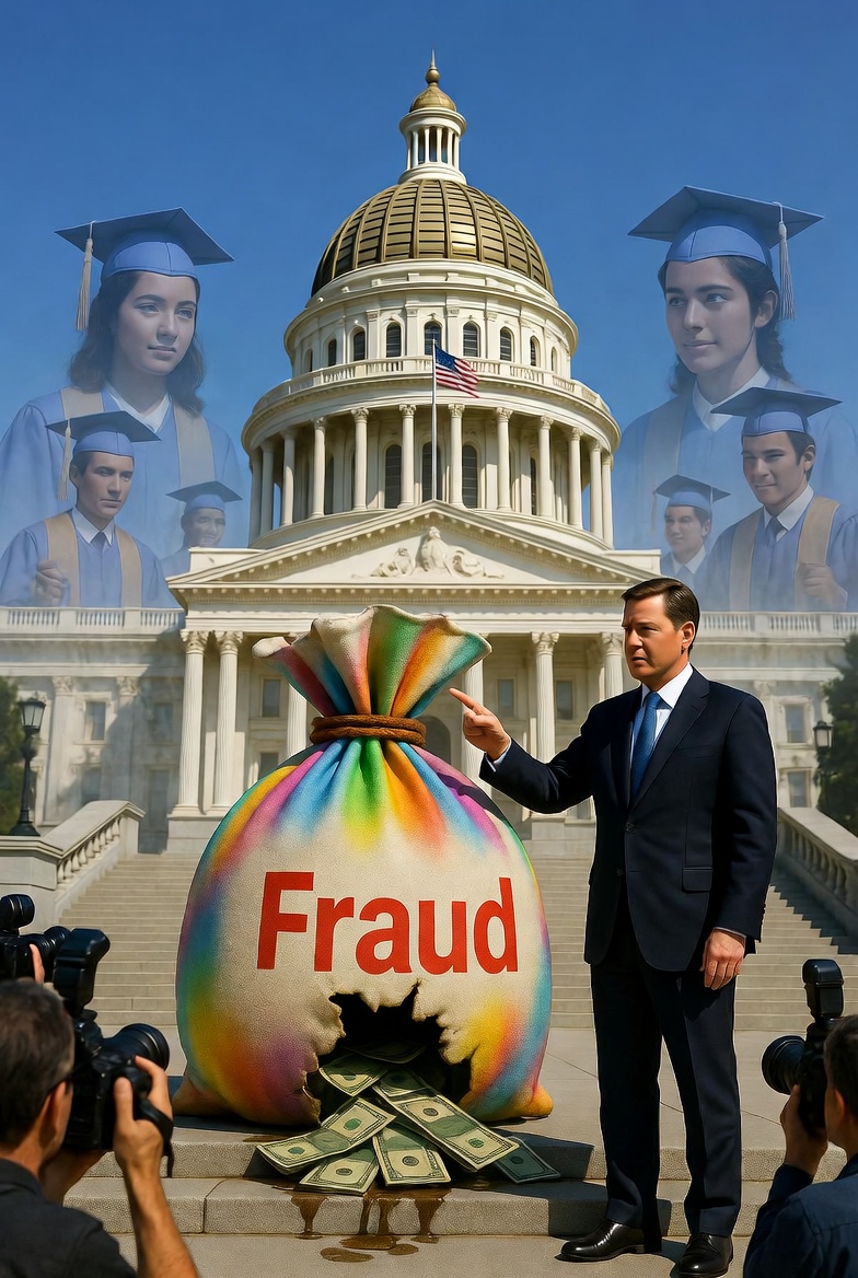 Mock photo of a politician pointing out the bug gay fraud that's a big rainbow money bag with a big hole busted in it and fraud leaking out