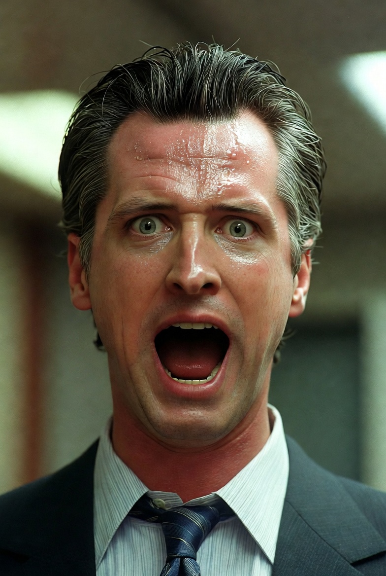 A picture of Gavin Newsom with his mouth wide open and he's super sweaty.