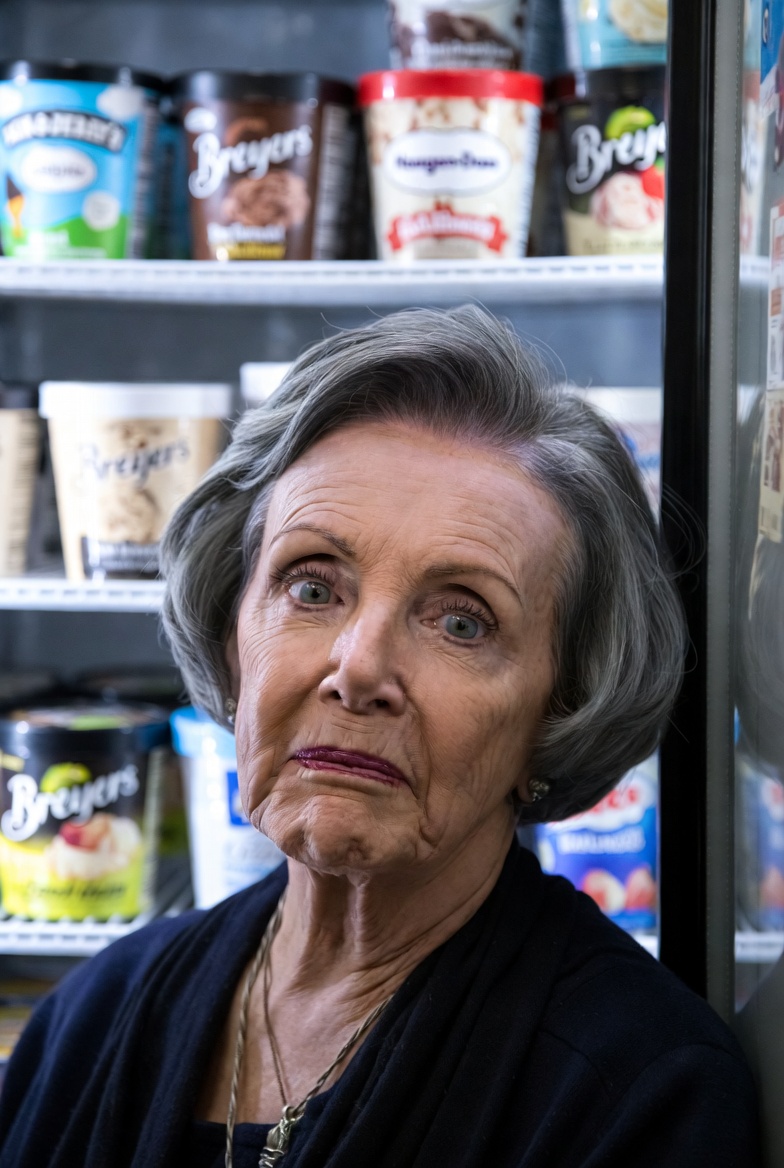Nancy Pelosi with a face like she's bloated, a short bitchy haircut and a fridge full of all the best ice creams
