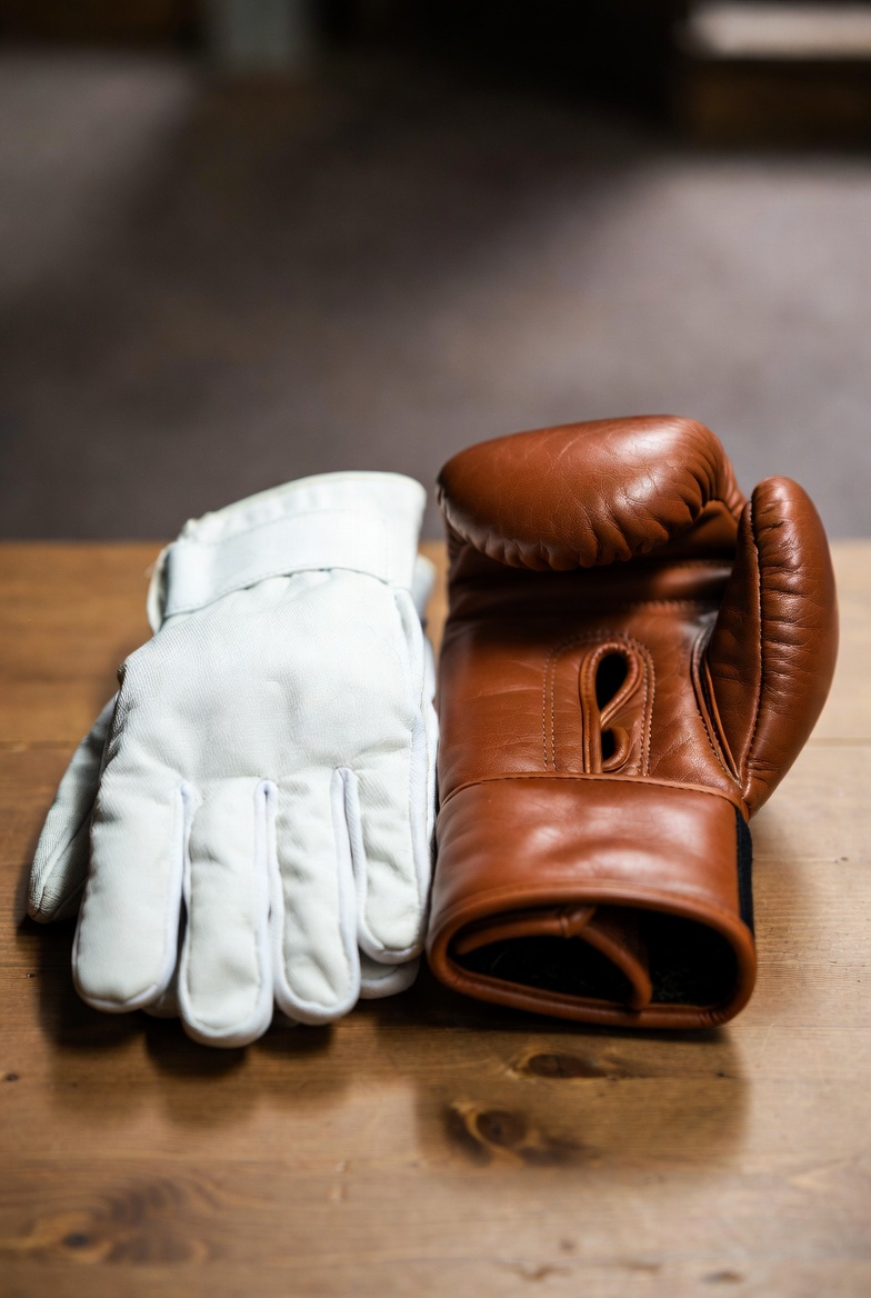 A photo of a white glove used to initiate a duel and a boxing glove next to it