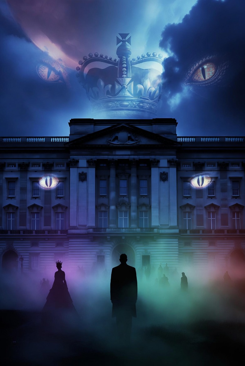 Illustration of a symbolic night scene of Buckingham Palace with reptilian eyes in the sky above it, and the sky being purple and blue, as shadowy figure emerge from behind the gates. Illustration of a symbolic night scene of Buckingham Palace with reptilian eyes in the sky above it, and the sky being purple and blue, as shadowy figure emerge from behind the gates.