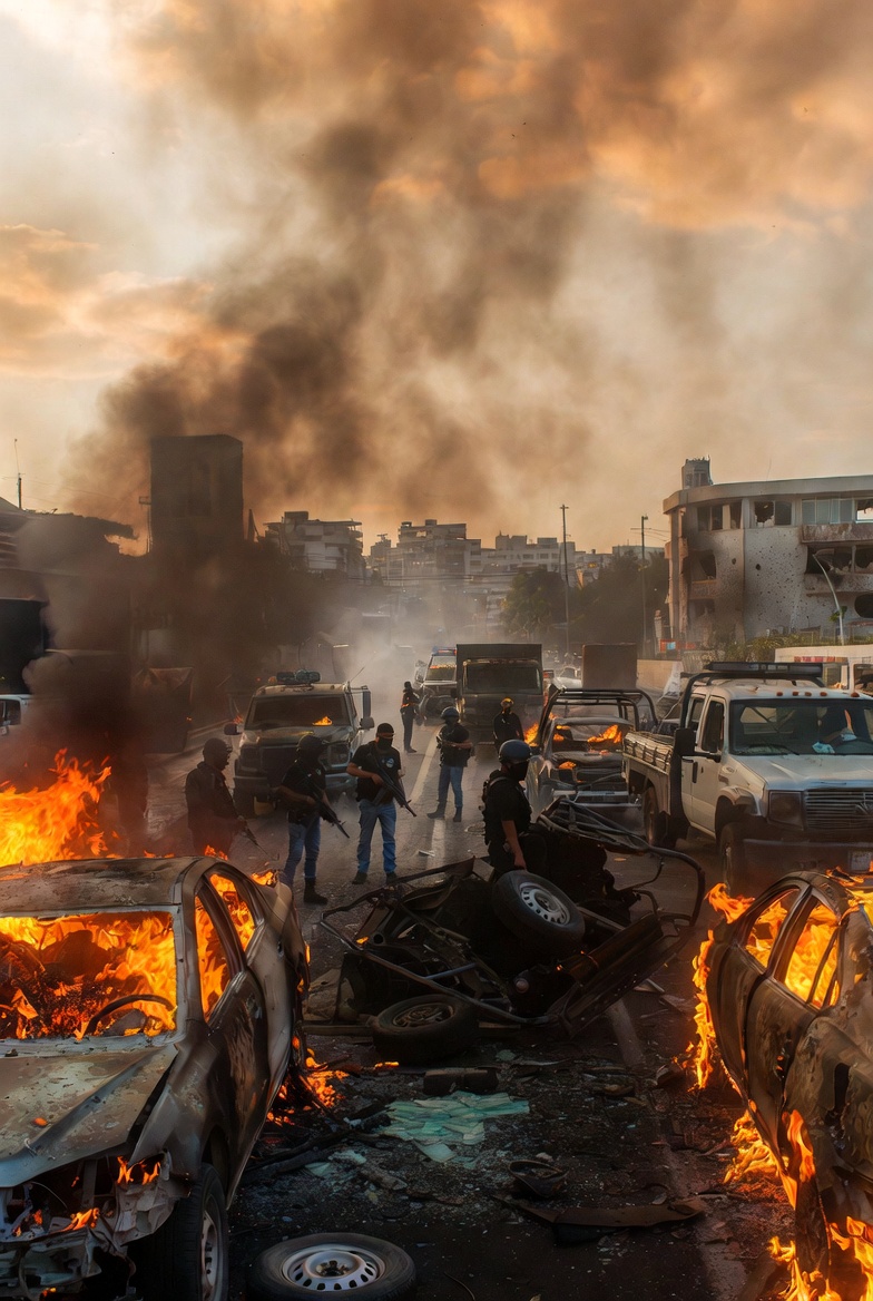 Mock photo of Cartel members amid chaos and cars on fire with smoke rising and buildings blown to bits