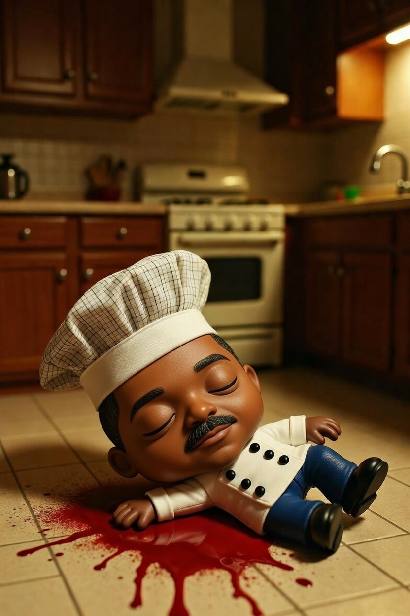 Mock photo of a Funko Pop doll of chef Campbell employed by Obama dead in the kitchen and bleeding on the tile