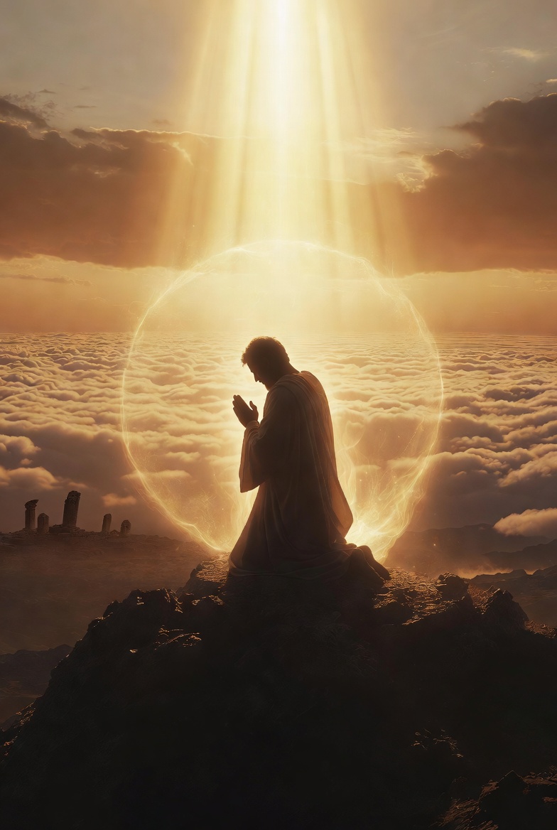 A lone figure in flowing robes kneels in prayer on a rocky mountain summit above a sea of clouds, bathed in powerful golden sunlight from the heavens. A glowing orb of divine light envelops the figure in protection as subtle sacred energy swirls around, with ancient crumbling idols visible in the distant valley below. A lone figure in flowing robes kneels in prayer on a rocky mountain summit above a sea of clouds, bathed in powerful golden sunlight from the heavens. A glowing orb of divine light envelops the figure in protection as subtle sacred energy swirls around, with ancient crumbling idols visible in the distant valley below