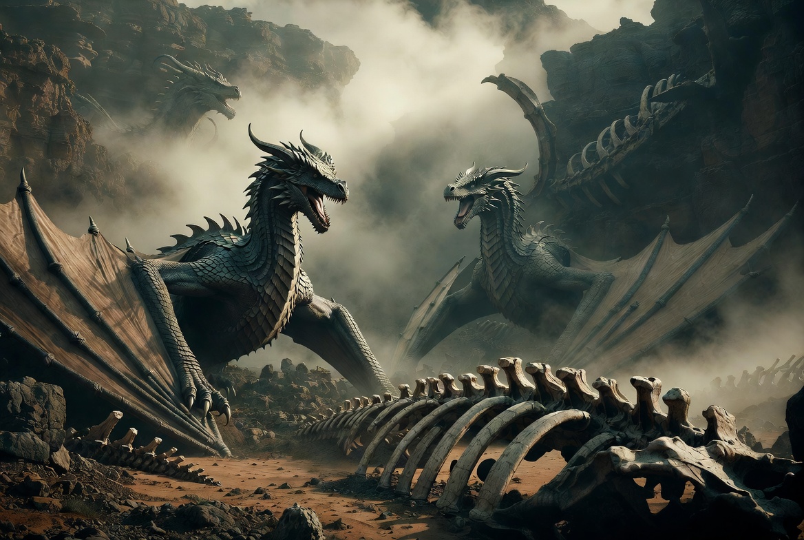 Illustration of dragons rising from ancient fossil bone formations in a misty mountainous landscape. Illustration of dragons rising from ancient fossil bone formations in a misty mountainous landscape.