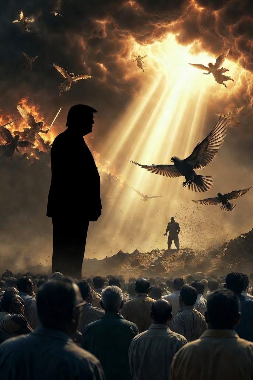 Mock photo of a silhouette of Donald Trump leading a blindfolded crowd directly into a fiery pit of destruction, symbolizing spiritual blindness and the path to eternal judgment. Mock photo of a silhouette of Donald Trump leading a blindfolded crowd directly into a fiery pit of destruction, symbolizing spiritual blindness and the path to eternal judgment