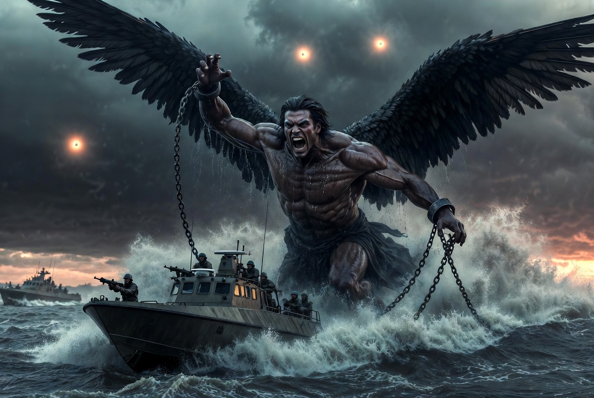 Mock photo of a massive 14-foot-tall muscular fallen angel with dark wings rises furiously from the stormy Euphrates River at dusk, heavy chains binding its body as it attacks a modern military patrol boat. Soldiers aim their weapons in shock while glowing orbs hover in the turbulent sky, dramatic cinematic lighting with huge waves and splashes. Mock photo of a massive 14-foot-tall muscular fallen angel with dark wings rises furiously from the stormy Euphrates River at dusk, heavy chains binding its body as it attacks a modern military patrol boat. Soldiers aim their weapons in shock while glowing orbs hover in the turbulent sky, dramatic cinematic lighting with huge waves and splashes