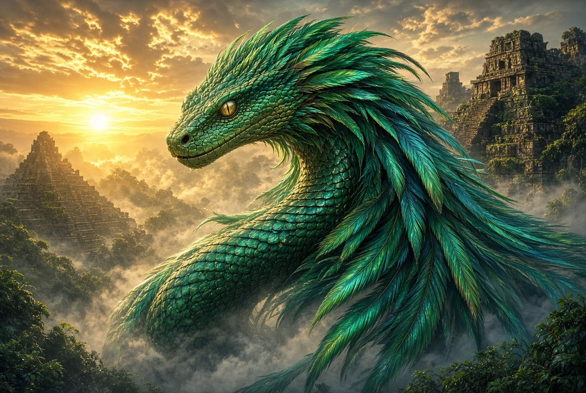 Illustration of a majestic emerald-green feathered serpent with iridescent scales and a flowing crest of long turquoise and green feathers rises through mist above a jungle landscape at sunrise, with ancient Mesoamerican stepped pyramids and stone ruins visible in the golden light. Illustration of a majestic emerald-green feathered serpent with iridescent scales and a flowing crest of long turquoise and green feathers rises through mist above a jungle landscape at sunrise, with ancient Mesoamerican stepped pyramids and stone ruins visible in the golden light.