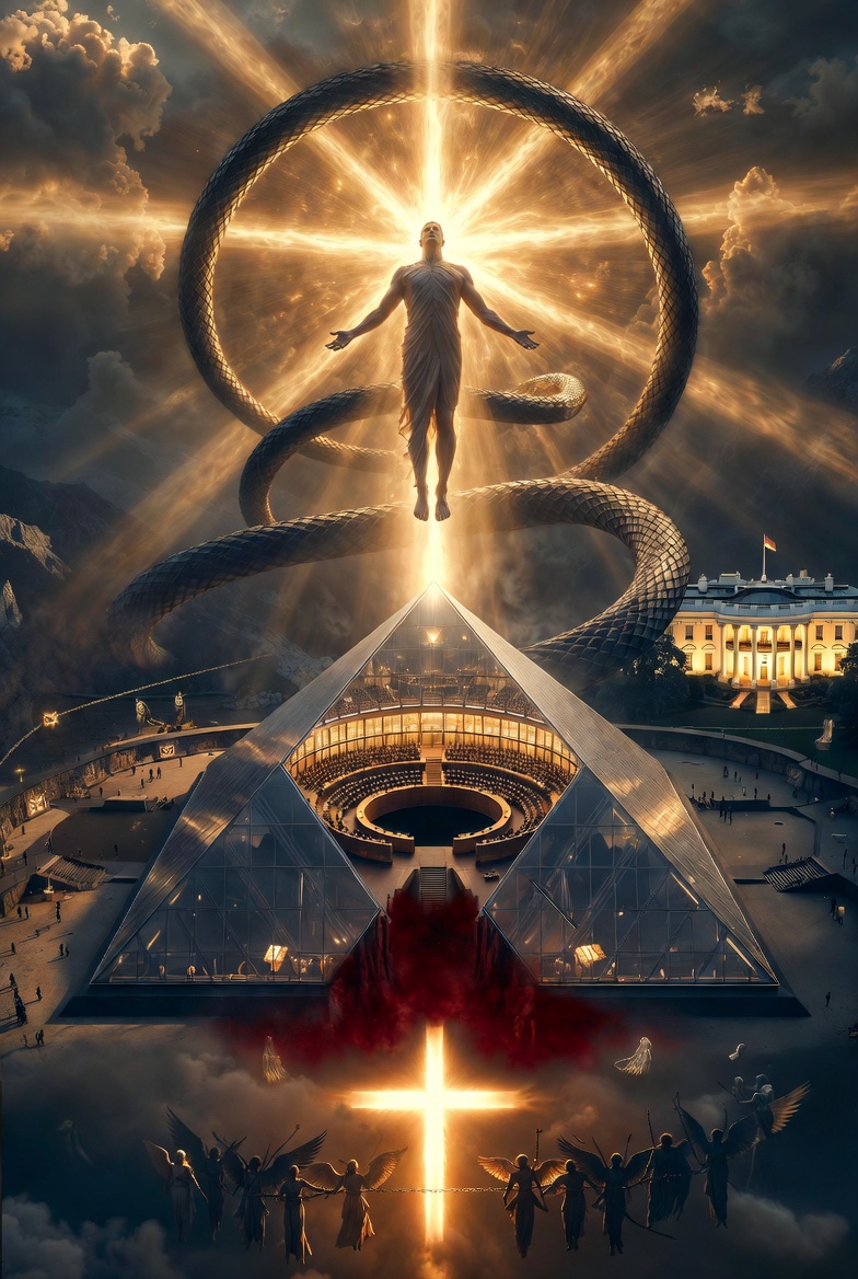 A dramatic prophetic illustration showing a radiant yet sinister Lucifer-Apollo figure with a serpent coil above a glowing Astana-style pyramid featuring a 200-seat council and central sacrificial drop, with the White House Baal Room in the background, underground DUMBs and Alaskan mountains below, and a victorious golden cross with binding angels at the base, symbolizing the full unveiling of the deceptive light-bringer system and God's ultimate victory