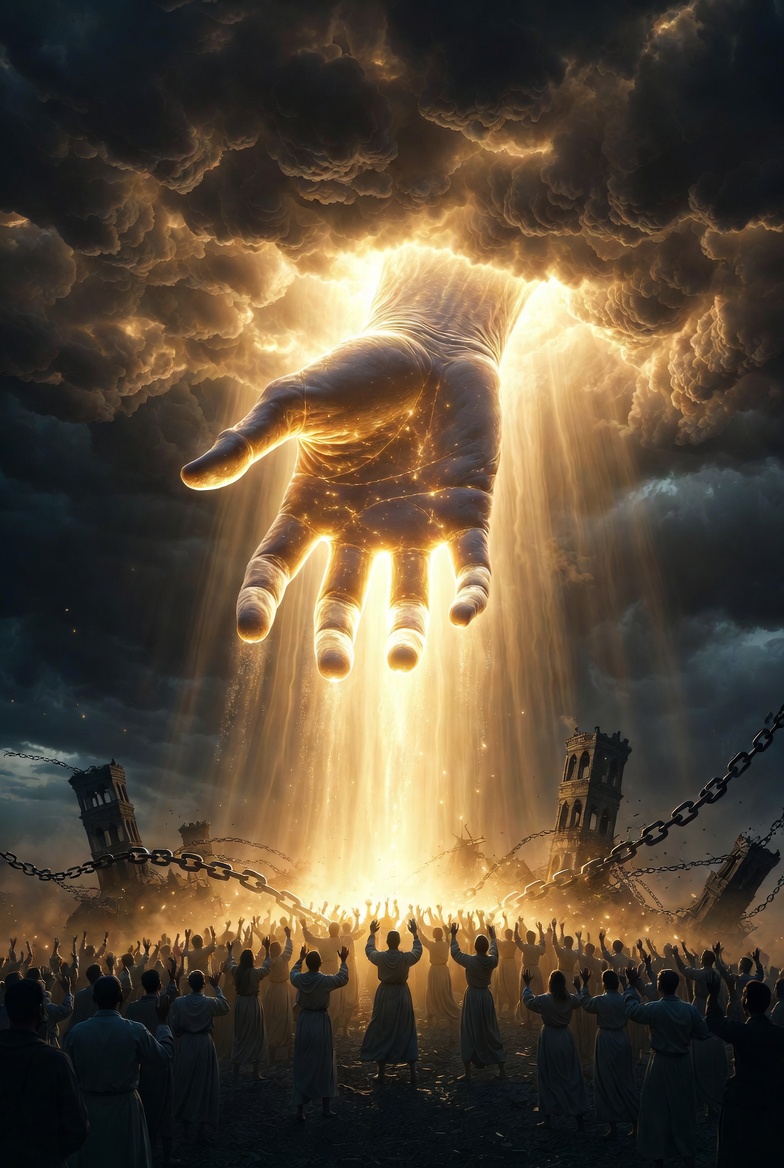 Mock photo of a massive radiant hand of divine golden light descends from stormy heavens, powerfully sweeping aside shadowy enemy forces, crumbling dark towers, and broken chains of the Cabal, while beams of light illuminate a unified crowd below raising their hands in faith and prayer