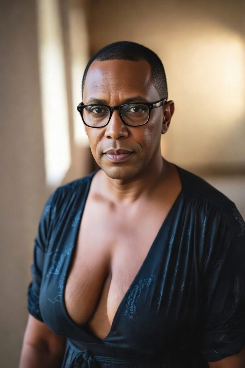 A satire photo of Hakeem Jeefries in a dress and having tits with stretch marks