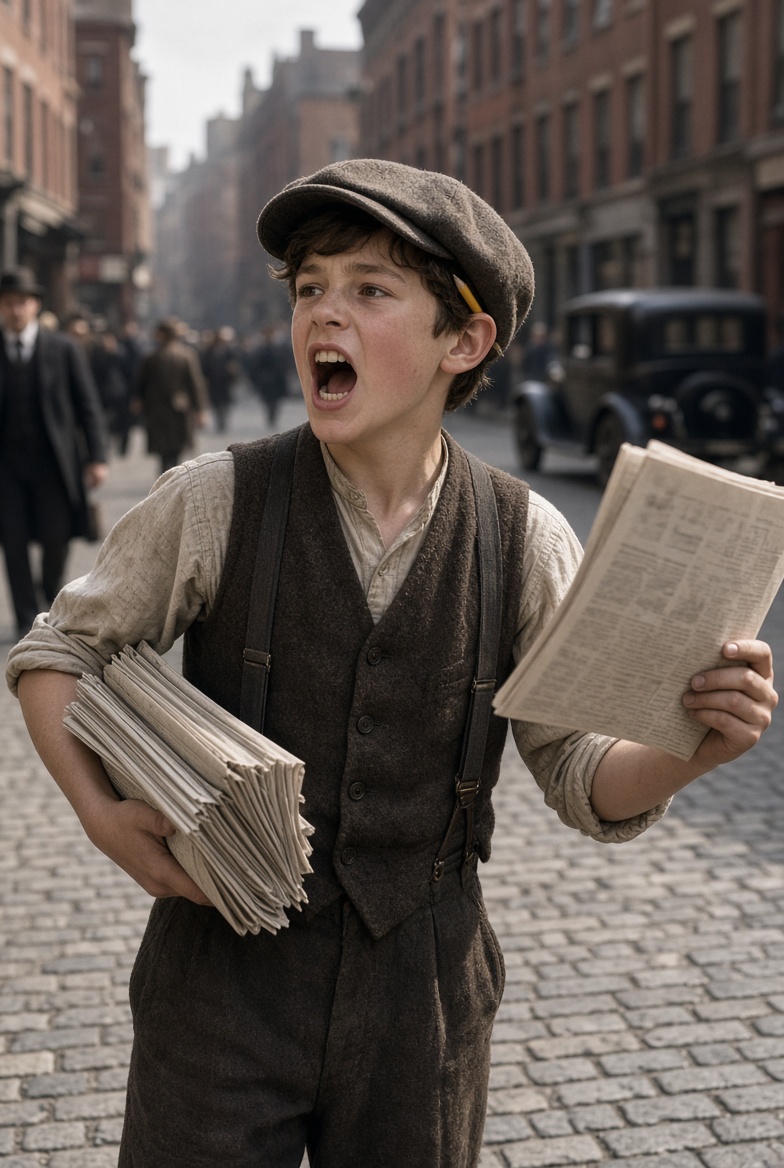 Illustration of an old-timey newspaper seller boy with oversized hat and pencil behind ear shouting on a busy street corner. Illustration of an old-timey newspaper seller boy with oversized hat and pencil behind ear shouting on a busy street corner.