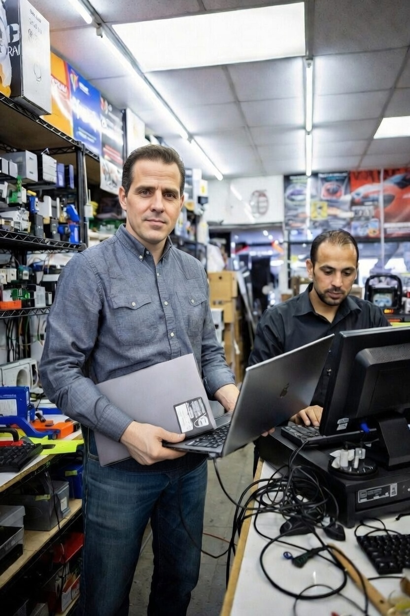 A satire photo of Hunter Biden taking his laptop to a computer repair shop with his laptop and a new one in hand, a technician is by his side ringing him up