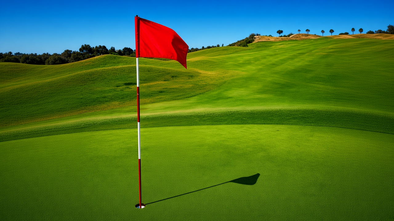 Illustration of a red golf flag on manicured green with rolling hills under clear blue sky.