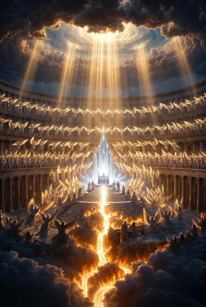Illustration of majestic heavenly throne room with God on a radiant crystal throne, rivers of fire, surrounded by thousands of glowing angels and seraphim in layered heavens, dramatic golden light.