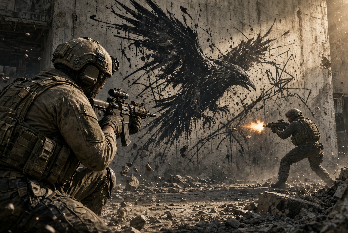 Illustration of soliders in a cross fire gun battle, where one soldier is firing and the other is aiming at them from outside their view. There is a huge black crow splatter design on the concrete wall. Illustration of soliders in a cross fire gun battle, where one soldier is firing and the other is aiming at them from outside their view. There is a huge black crow splatter design on the concrete wall.