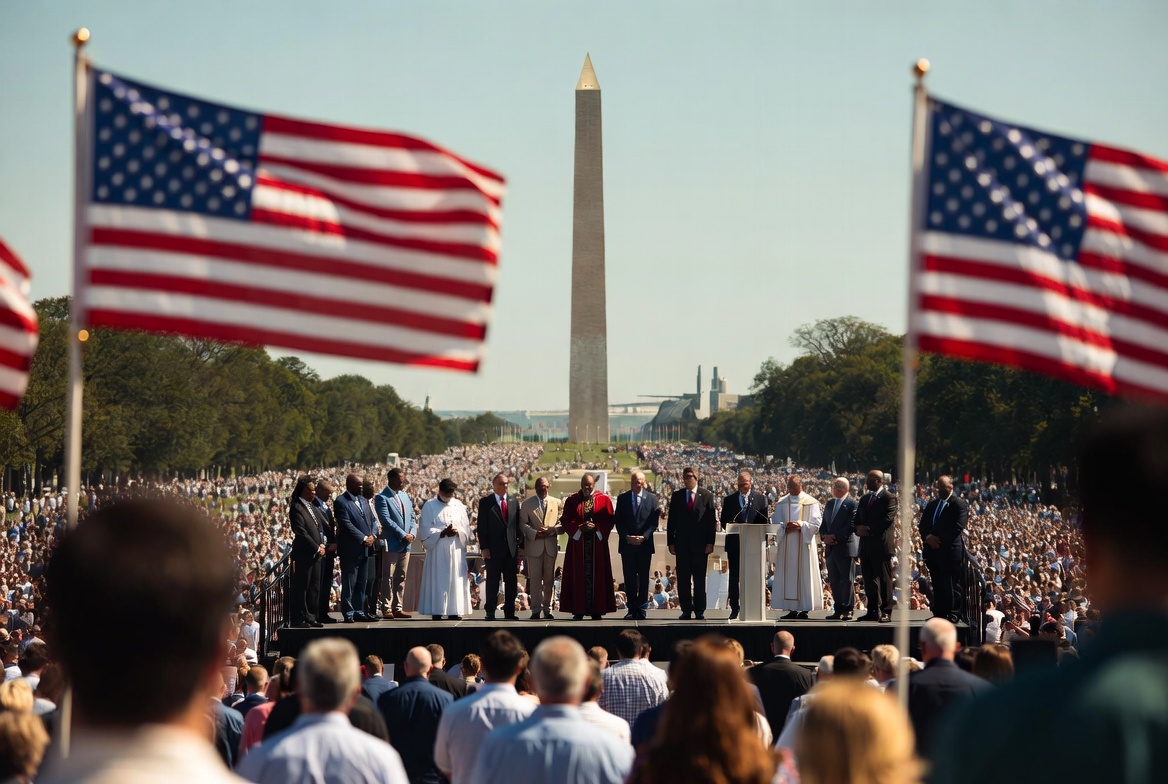 Illusatration of aith leaders and large crowd praying on the National Mall with the Washington Monument in the background. Illusatration of aith leaders and large crowd praying on the National Mall with the Washington Monument in the background.