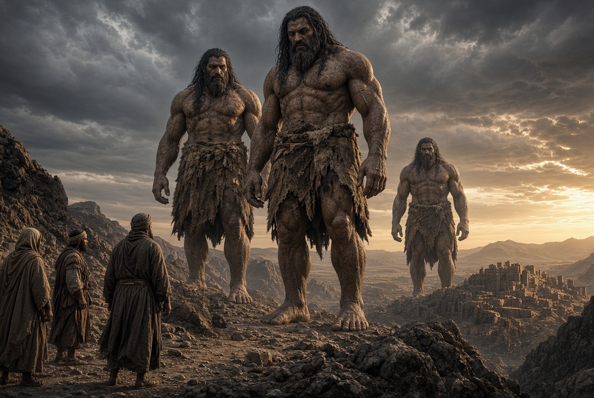 Illustration of three massive muscular Nephilim giants with long hair and beards standing on a rocky ridge overlooking an ancient landscape while three smaller men in robes look up at them.