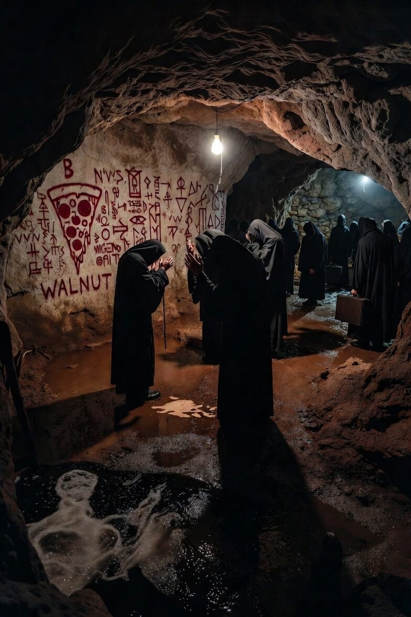 Mock photo of shadowy figures in dark robes gathered in an underground cave chamber, illuminated by dim light, with ritual symbols including pizza slices, walnut sauce jars, and cryptic markings scrawled on the rocky walls, evoking a hidden ceremonial scene beneath an island