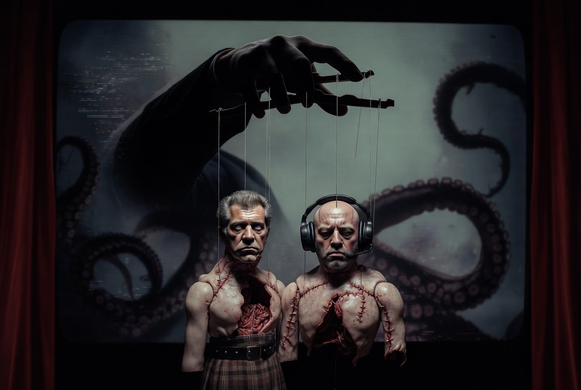 A shadowy puppet master's hand in a black suit sleeve manipulates marionette strings attached to two grotesque, hollow meat suit puppets resembling Mel Gibson (in kilt) and Joe Rogan (with headphones), dangling lifelessly in a dark theatrical setting with faint octopus tentacles and red curtains.