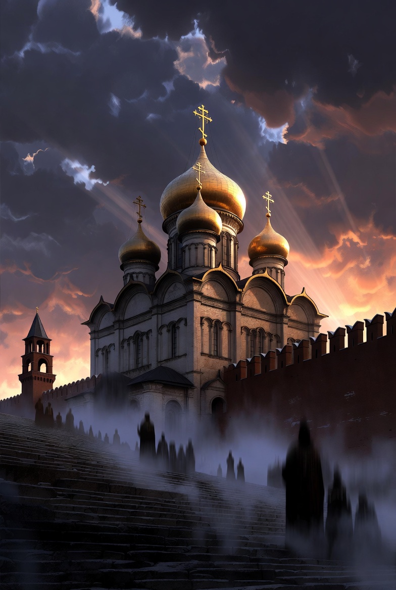 Majestic Russian Orthodox cathedral with golden domes dominating a stormy Moscow skyline at twilight.