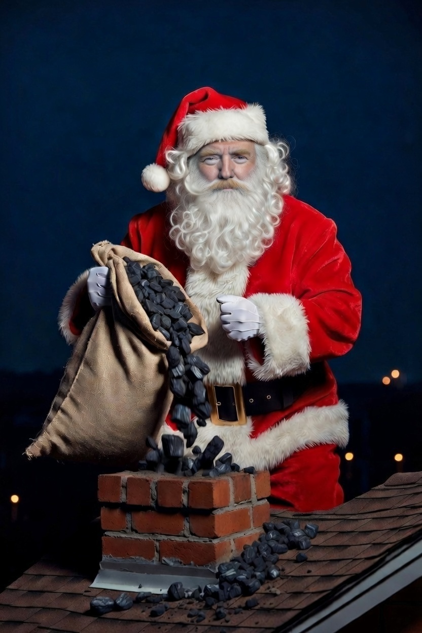Santa Trump dumping coals down the chimney on a rooftop on Chrimas Eve