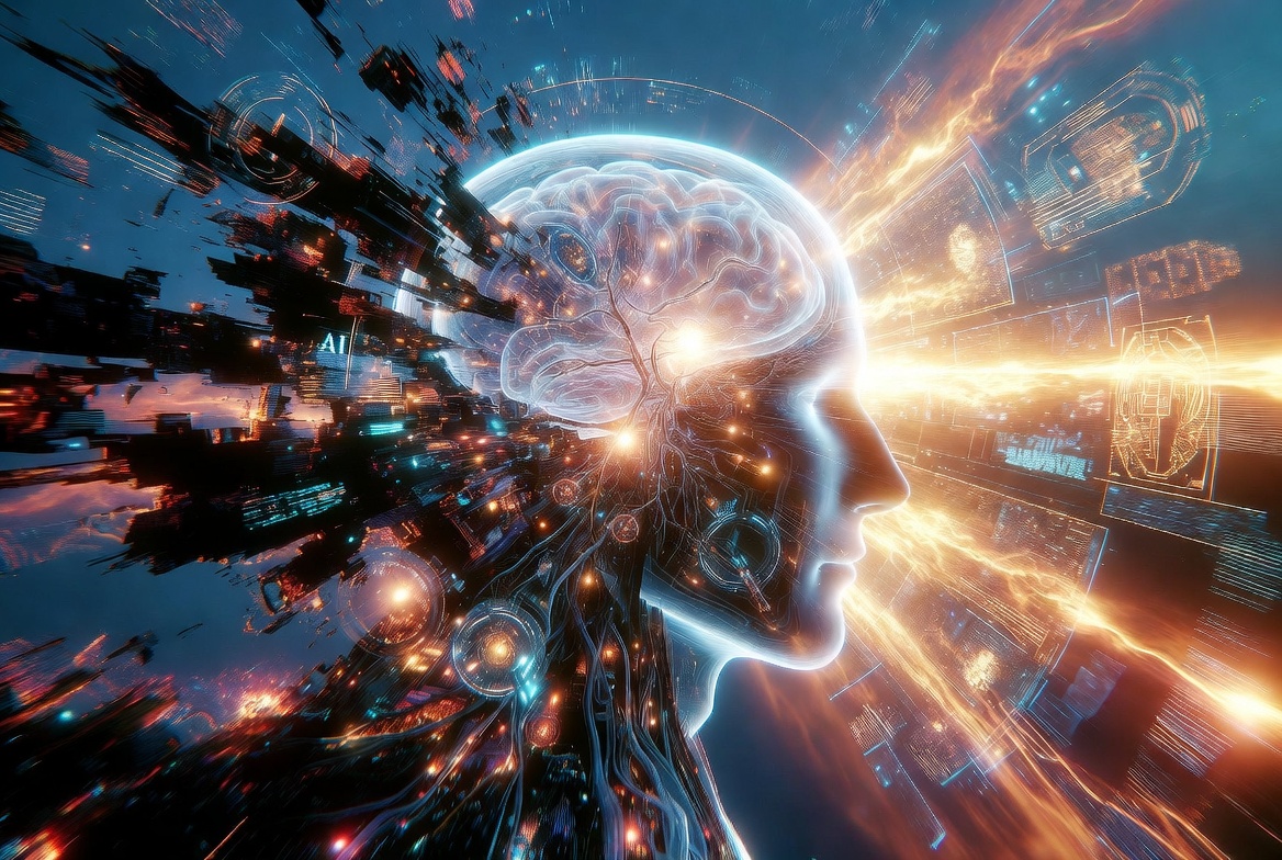 Symbolic illustration of spiritual warfare over the human mind amid AI, transhumanism, and digital forces, featuring light versus technological shadows.