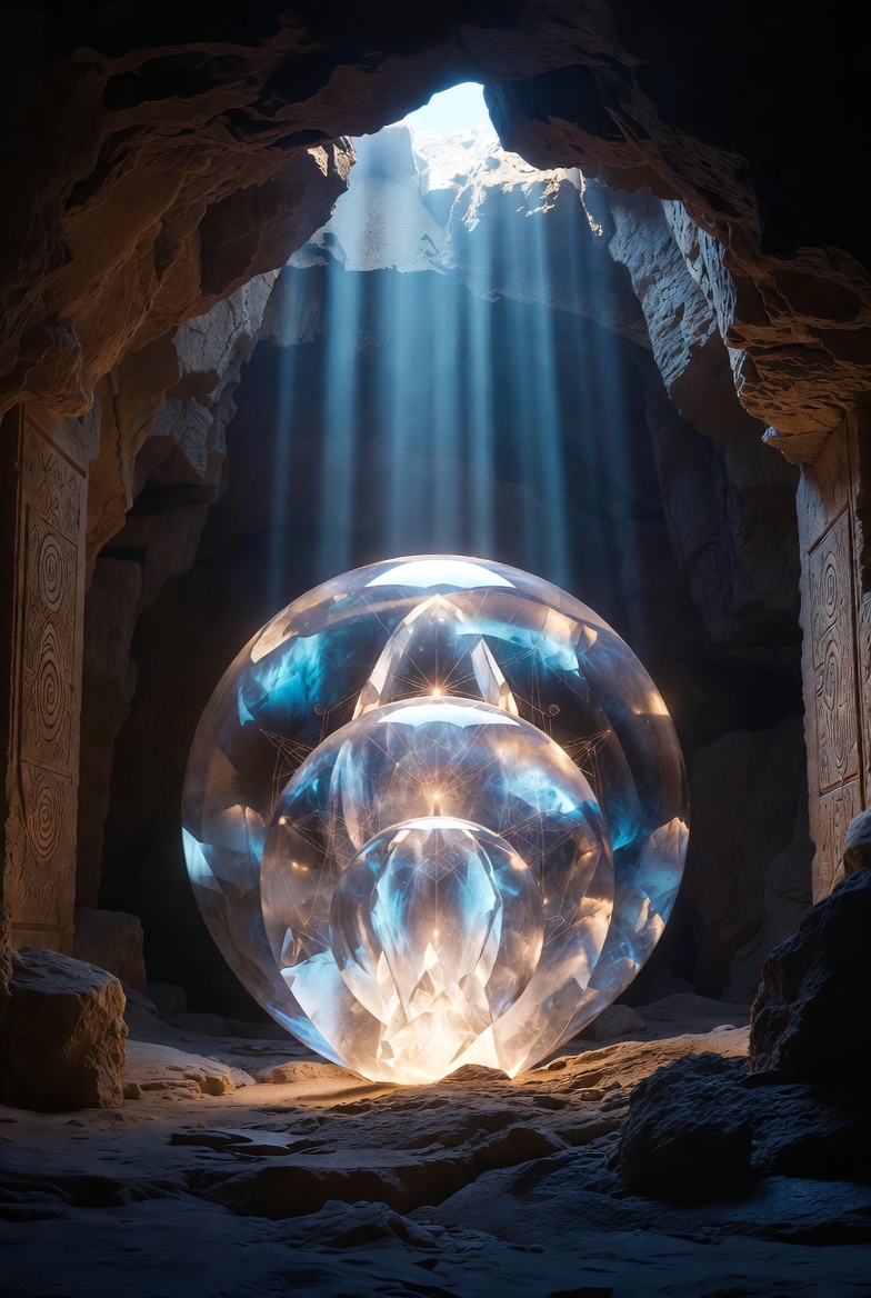 Illustrated photo of three nested glowing crystal spheres known as the Triune Core floating inside a mysterious ancient underground vault beneath the Vatican, illuminated by dramatic beams of light